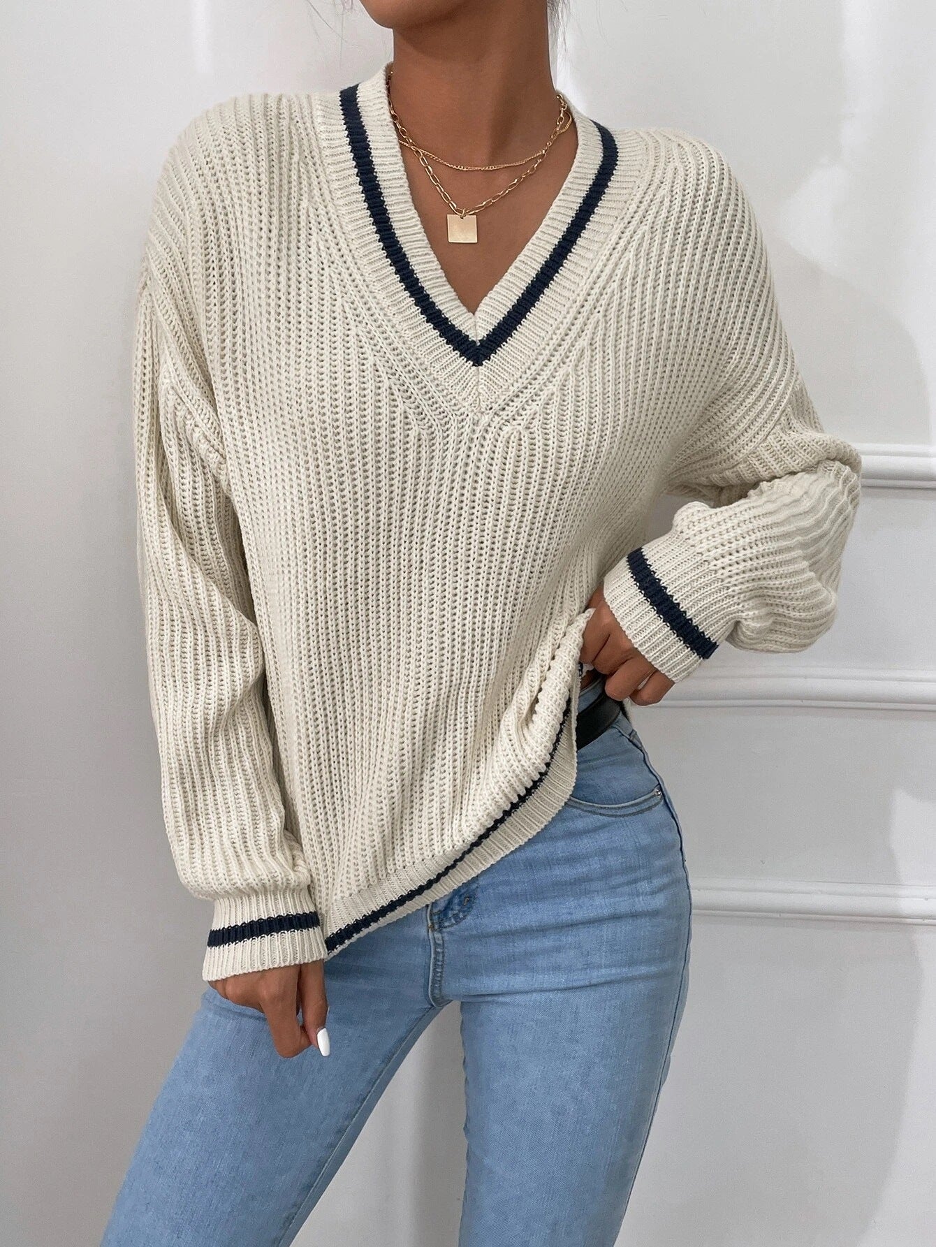 Winter Women'S Clothes Cable Knit V Neck Sweaters Casual Long Sleeve Striped Pullover Sweater Trendy Loose Preppy Jumper Top