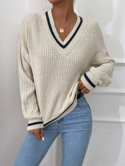Winter Women'S Clothes Cable Knit V Neck Sweaters Casual Long Sleeve Striped Pullover Sweater Trendy Loose Preppy Jumper Top