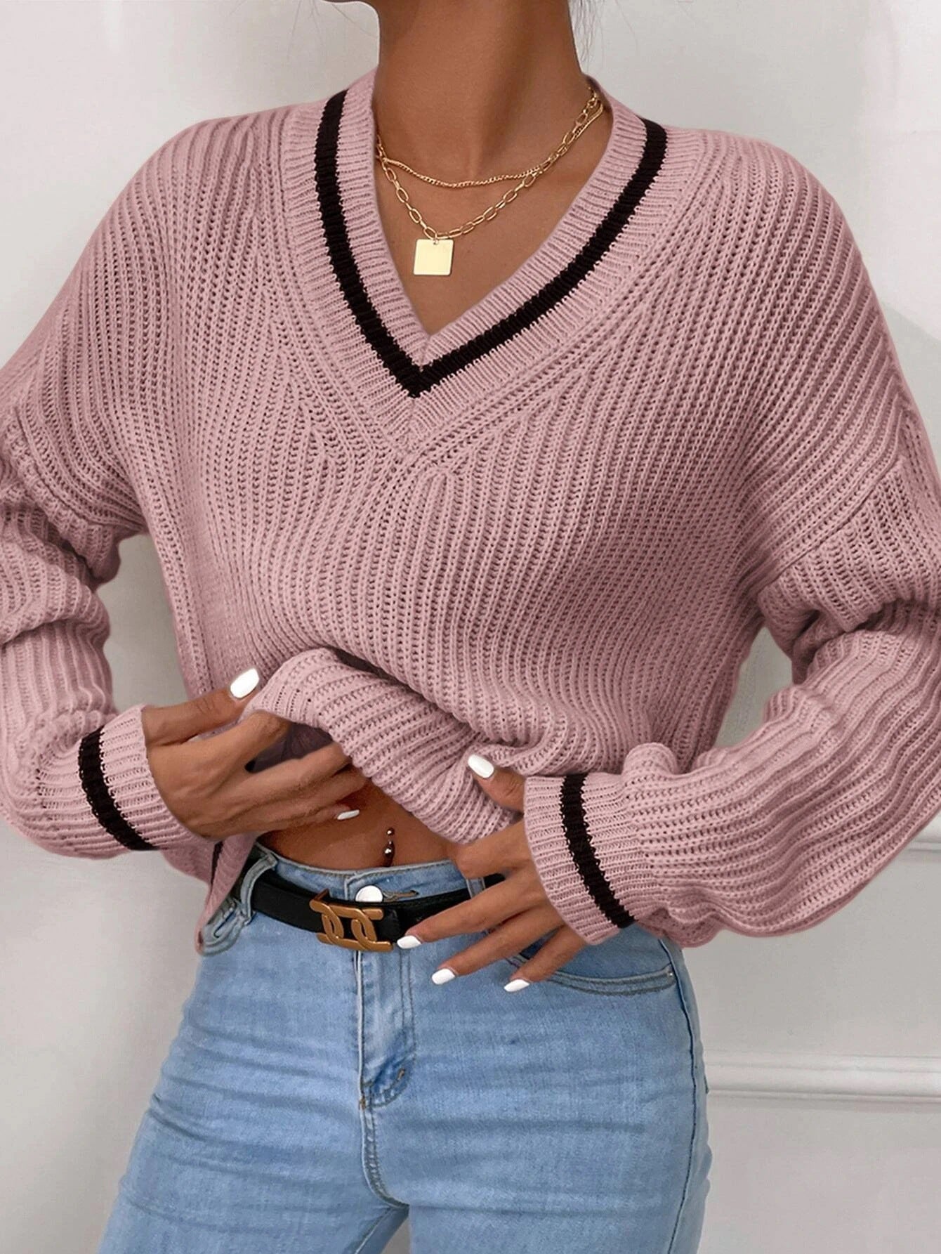 Winter Women'S Clothes Cable Knit V Neck Sweaters Casual Long Sleeve Striped Pullover Sweater Trendy Loose Preppy Jumper Top