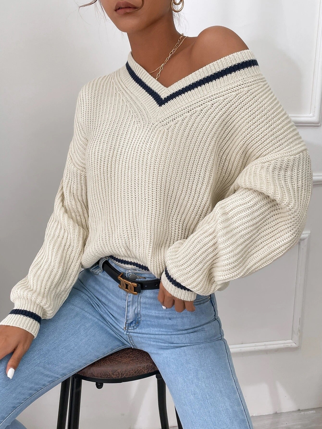 Winter Women'S Clothes Cable Knit V Neck Sweaters Casual Long Sleeve Striped Pullover Sweater Trendy Loose Preppy Jumper Top